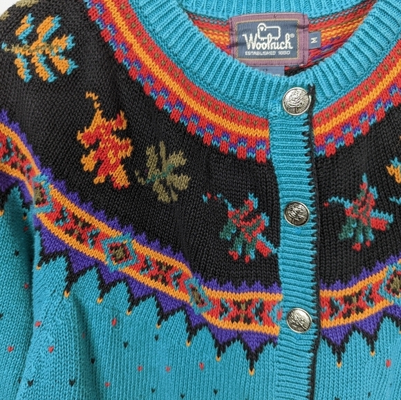 Woolrich sz.M Vintage 90s Grandma Cardigan Sweater Button Up Fair Isle Nordic - Picture 4 of 13